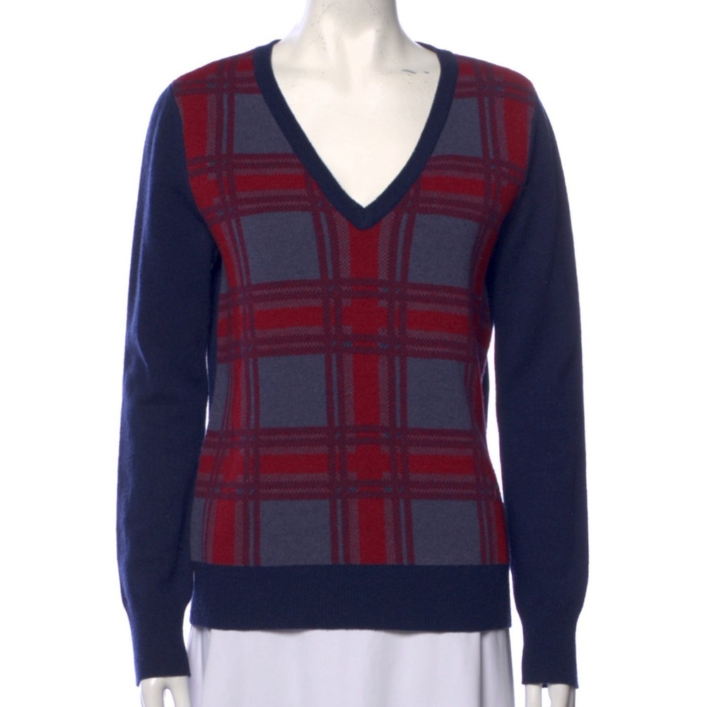 Equipment Plaid V-Neck Sweater, Size S